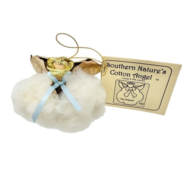 Southern Natures Cotton Angel Ornament Handcrafted w Blue Ribbon Christmas - Picture 1 of 6